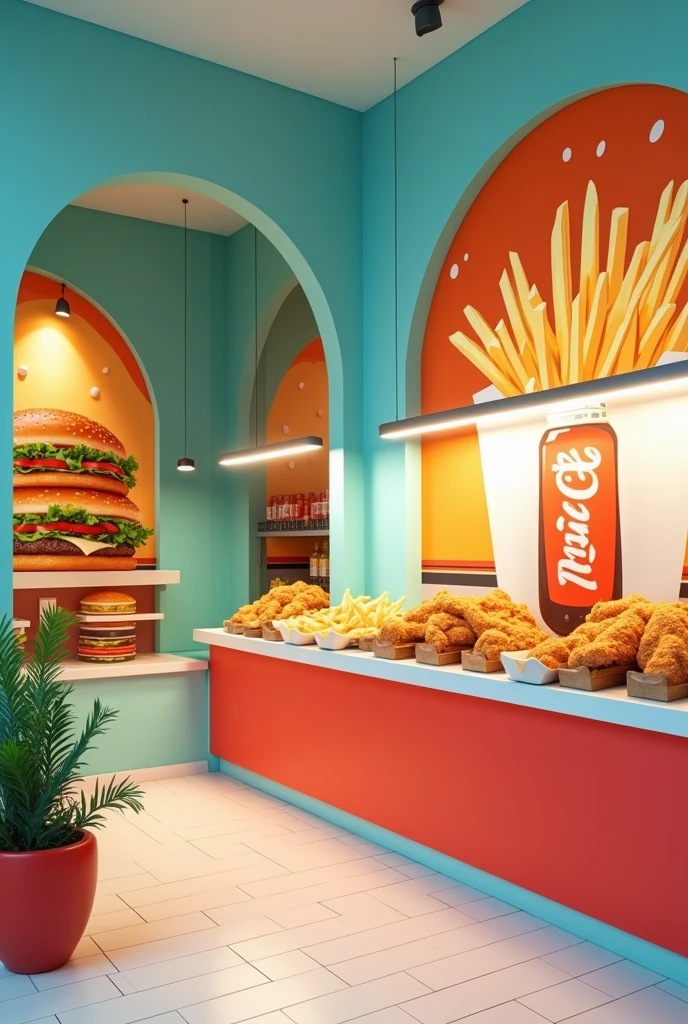 modern style,Flat设计,a fast food shop,Hamburger,fries,Cola,Fried chicken,Minimalist style,Non-realistic style,Flat,flat style,Cool colors