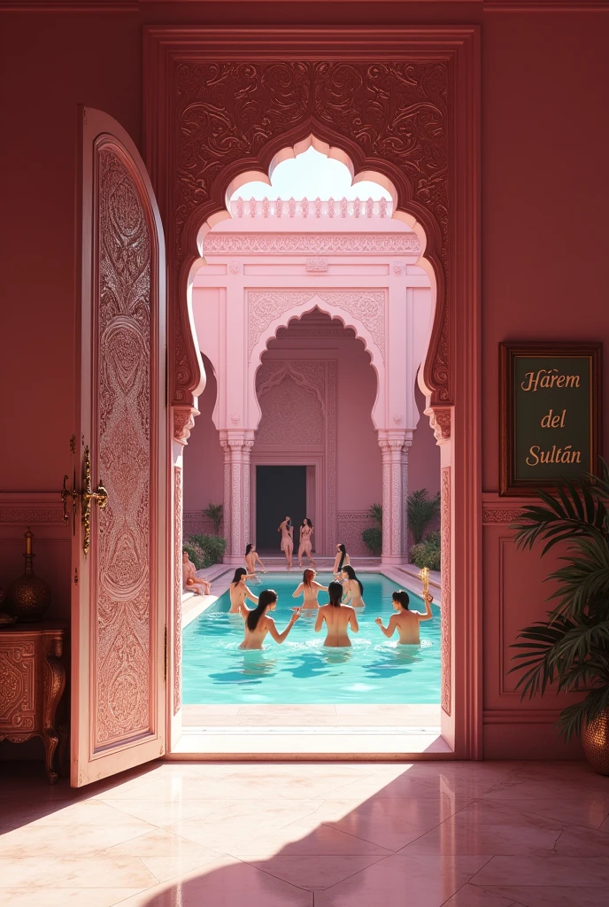 (photorealism:1.2), Empty and pink harem room, seen from the door that leads to an outdoor area with a pink swimingpool in which there are 12 naked Harem girls bathing, the sign reads "Harem del Sultán" on the wall, realistic, intricate details, high resolution, masterpiece, highly detailed, practicing their sexy Arabic dance moves