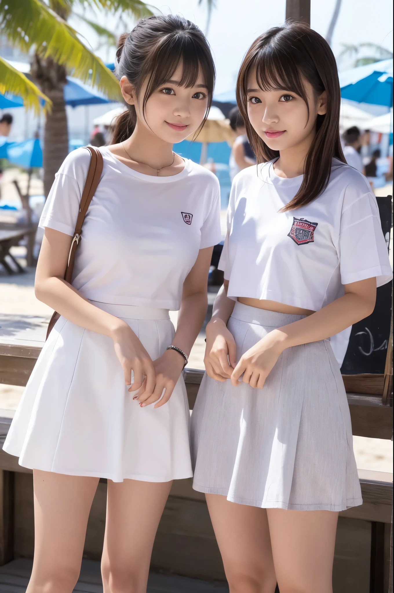 two girls standing in the park,Plain white school gym shirt with navy blue trim,Navy blue speed briefs,Red headband,White headband,18-year-old,bangs,A small smile,Thighs,knees,Straight hair with barrette,From below,Front light, White panties visible through the skirt、Lift the hem of your skirt with both hands to reveal your panties、Are thin、slender