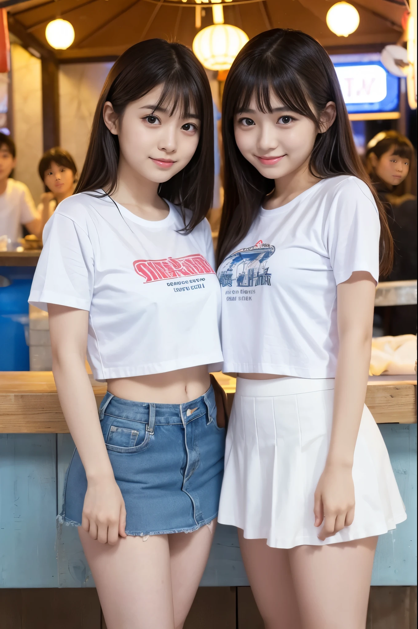 Two girls (21 years old, Japanese cute face) are wearing white Tshirts, mini skirt at the beach bar