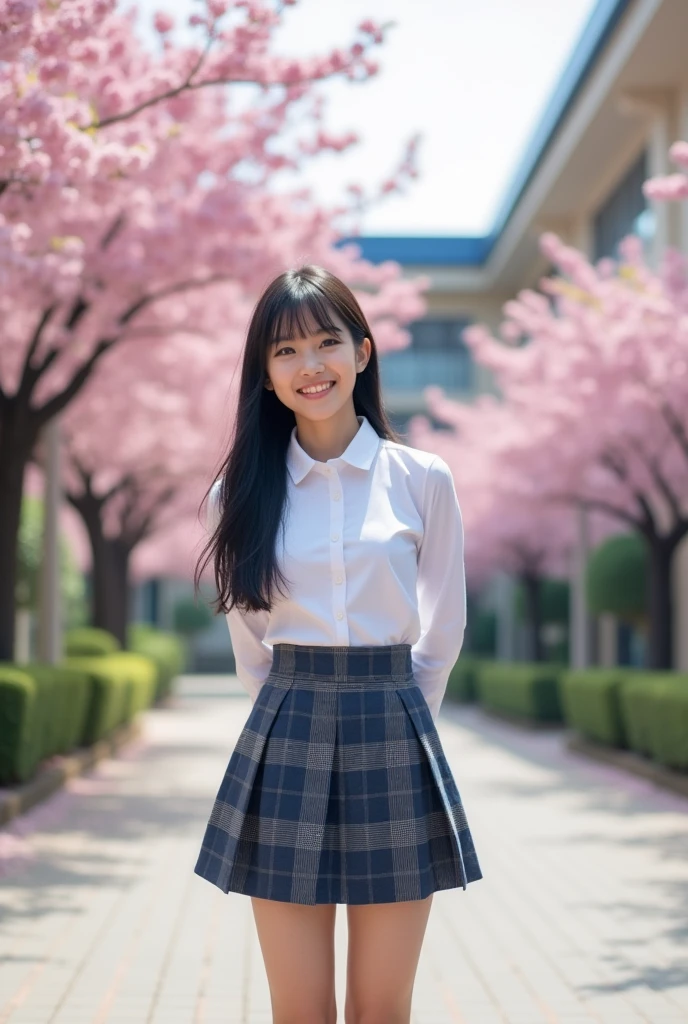A smiling Japanese high school girl with straight black hair doing a handstand。

The uniform is a white shirt。

The mini skirt is navy blue。Gray checkered pattern with black overall。

Skirt length is shorter than above the knee。
The length of the hair is very long。
The bangs are neatly trimmed and cover the eyebrows.。

Nogizaka46-ish 。
Height: 180cm。 Model-like. Both of their faces are visible, so it&#39;s almost like a photograph.