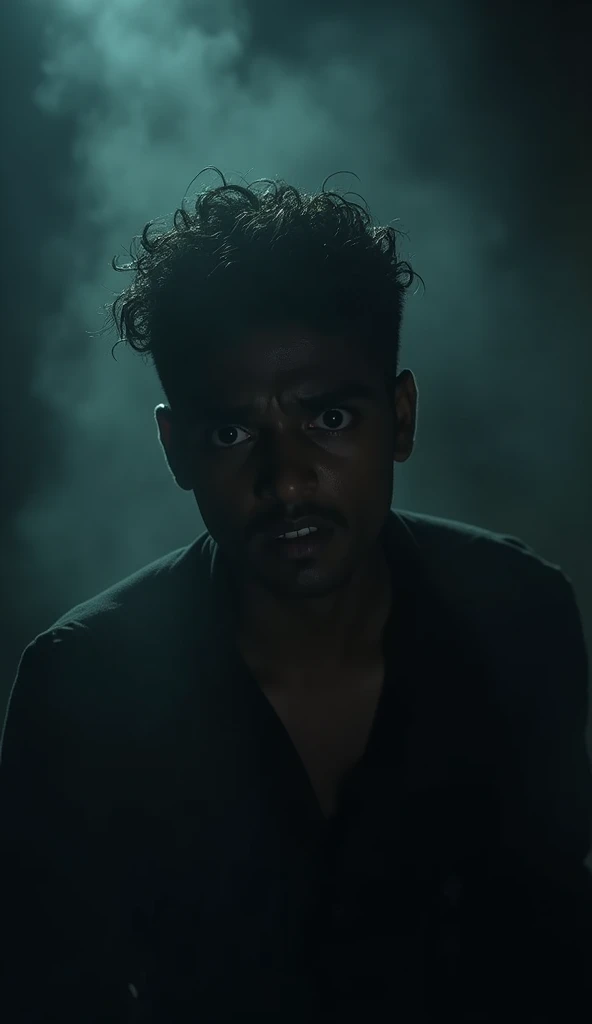 Akash Turning Around in Fear
Akash turns around quickly, fear visible in his eyes. Behind him, there is nothing but darkness. The contrast between his brightly lit face and the pitch-black background amplifies the suspense. A soft mist may swirl around to add mystery.