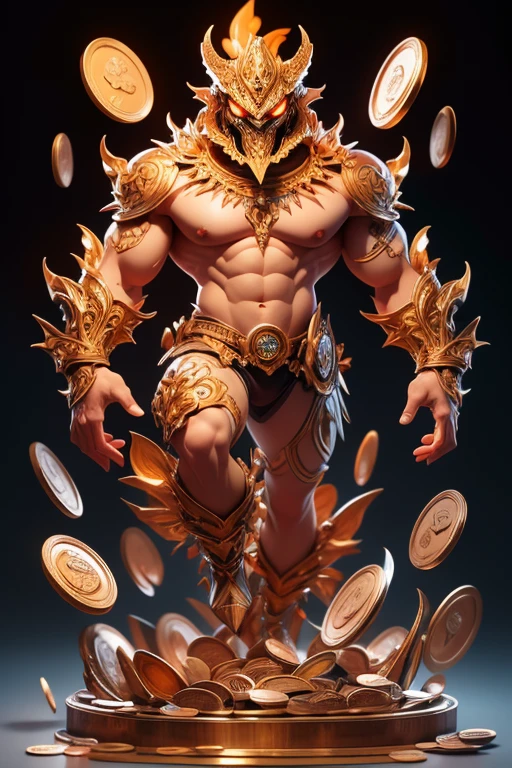 Create a monster image made from coins., The body is transparent and can be seen through. The image is sharp and detailed., with beautiful colors.. With arms, leg, eyes, mouth, พื้นหลังสีlegว