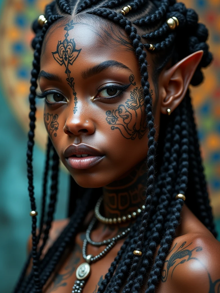 Close-up of a Woman with Facial Tattoos, Dark Elves, fractalpunk, Intricately Braided Hair, Matte Portrait Shoot, Beautiful women, Dark skin, She wears shamanic clothes, Tattoo face, cryptopunk, Heavy makeup