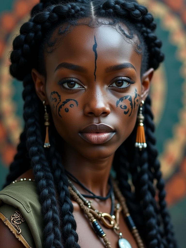 Close-up of a Woman with Facial Tattoos, Dark Elves, fractalpunk, Intricately Braided Hair, Matte Portrait Shoot, Beautiful women, Dark skin, She wears shamanic clothes, Tattoo face, cryptopunk, Heavy makeup