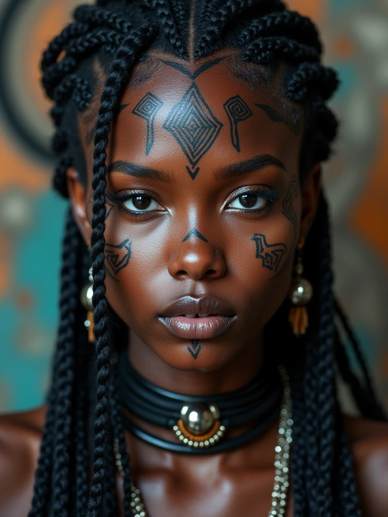 Close-up of a Woman with Facial Tattoos, Dark Elves, fractalpunk, Intricately Braided Hair, Matte Portrait Shoot, Beautiful women, Dark skin, She wears shamanic clothes, Tattoo face, cryptopunk, Heavy makeup