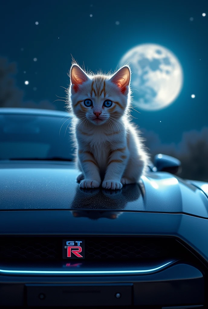 A cute sitting on a top of a modified gtr car bonnet. Night shot
