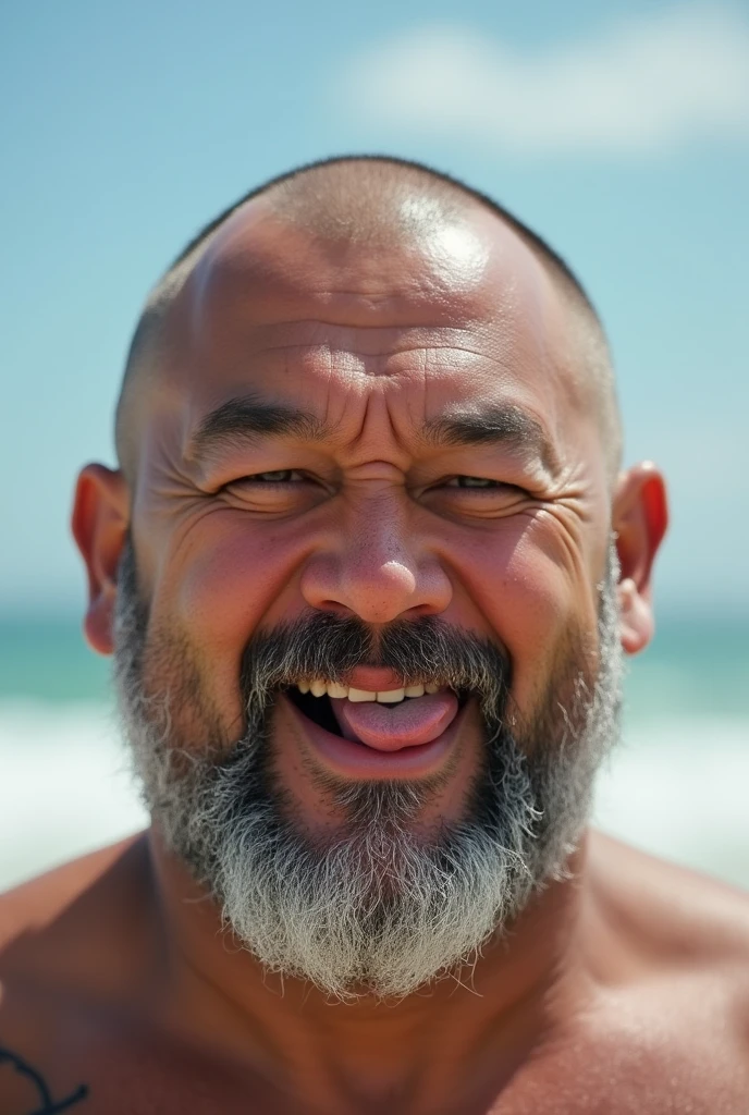 old fatty Japanese World's Strongest Man, with a shaved head and beard, and has real thick penis, big testicles. full frontal nude. on the beach.  (semen) Tongue out in face