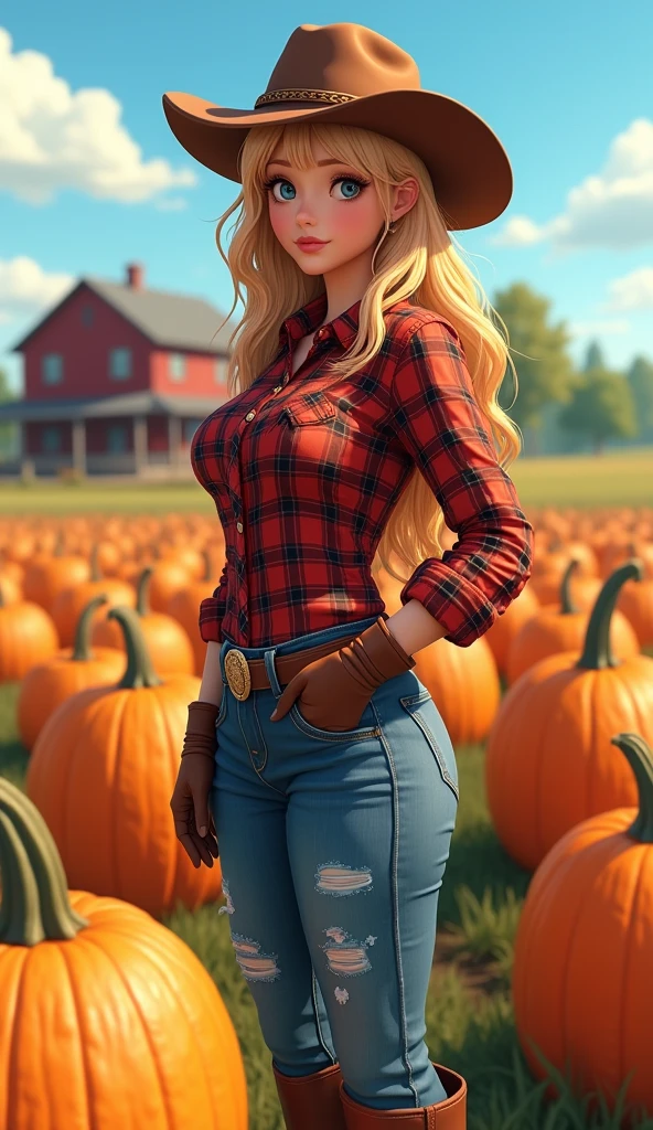Masterpiece, art, full body shot, young beautiful woman, flawless skin, textured skin, very large firm breasts, perfect proportions, cowgirl, plaid shirt, jeans, boots, hat, gloves, farmhouse, sunshine, blue sky, pumpkin patch, anime, sexy, erotic, UHD resolution, realistic detail, realistic reflections, realistic shadows, 3D,