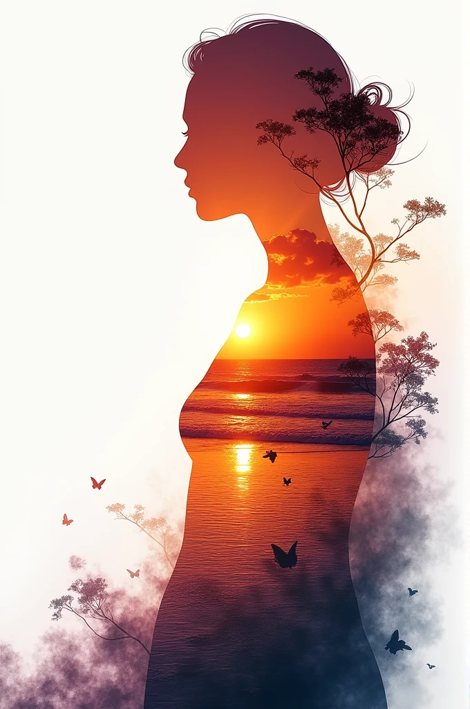high quality, 8K Ultra HD, A beautiful double exposure that combines an goddess silhouette with sunset coast, sunset coast should serve as the underlying backdrop, with its details incorporated into the goddess , crisp lines, The background is monochrome, sharp focus, double exposure, by yukisakura, awesome full color,