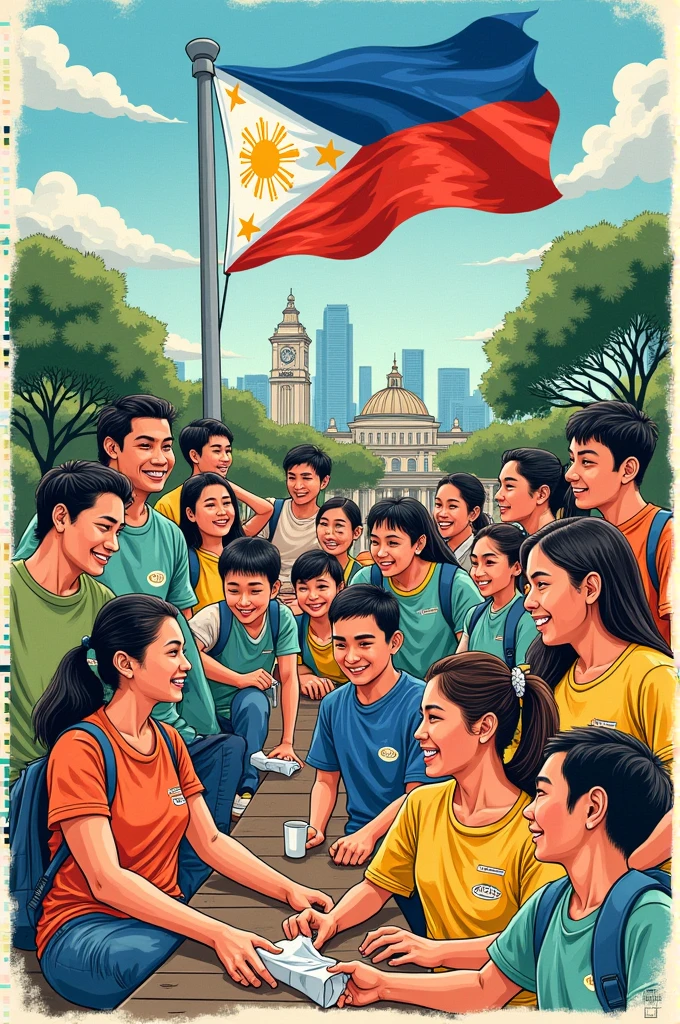 Create a poster collage illustrating the definition, essence, and importance of National Service Training Program. Include philippine flag and some students, make it look like a drawing