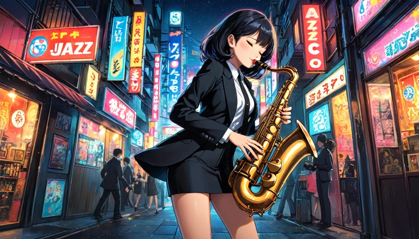 (((wide angle shot, full body))), A girl in a cool black suit plays the saxophone, jazz music, she funny mood, close eyes, Art, Retro, Cartoon Collage, little black cat on sholder, tokyo city night background, neon light, detailed background, Anime Style
