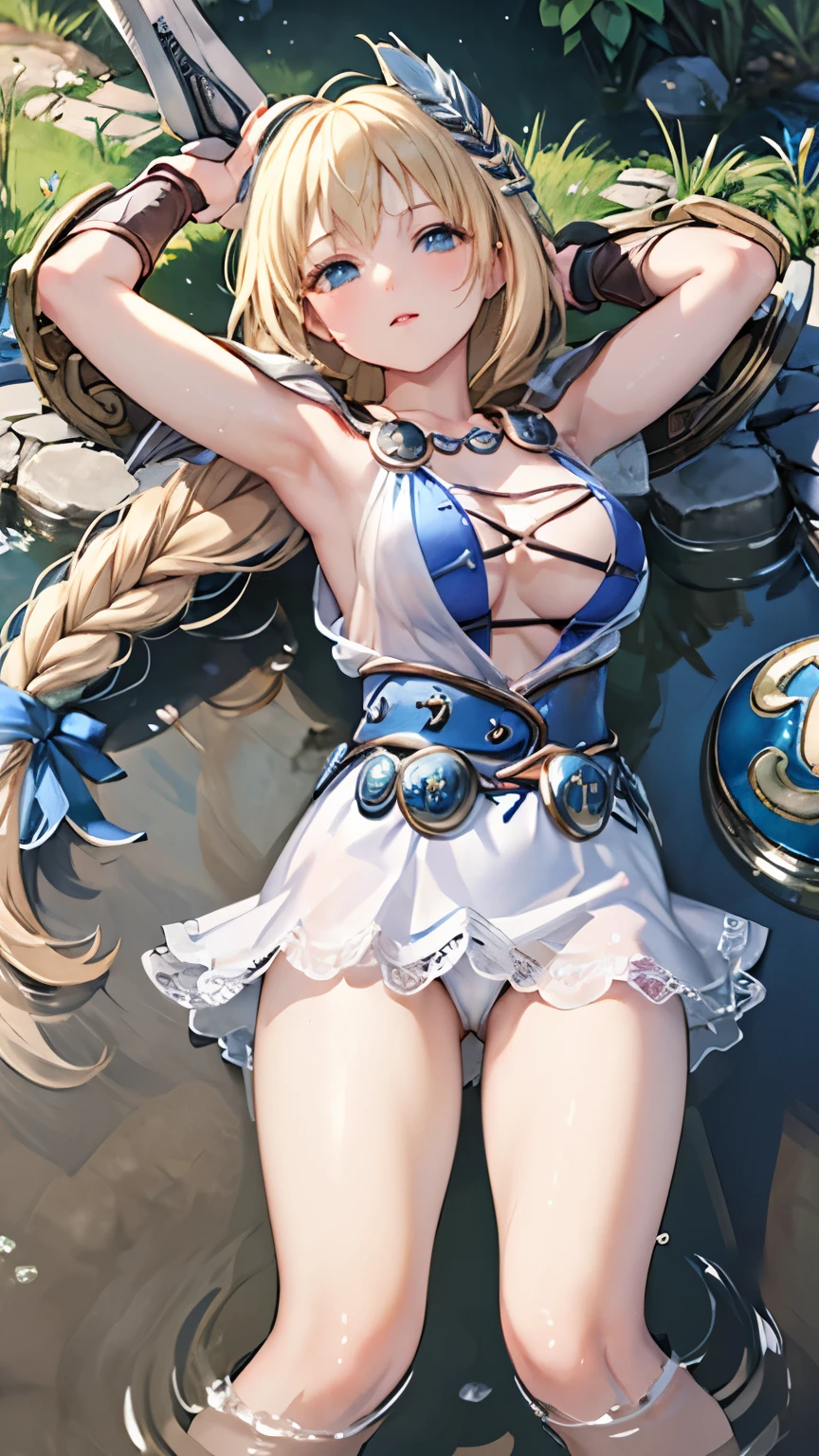 (masterpiece, Highest quality:1.3), Sophitia Alexandra, Soul Calibur, Blonde, Braiding, Armpit、Thighs、Majestic Temple、Flowing water、Holding a sword and shield、Basking in the morning sun、Panties、shorts、Raise your arms、steam、Snowfield、Girl、lying on the cobblestones