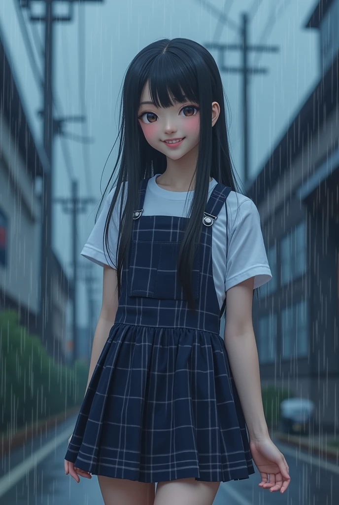 Standing in a thunderstorm、Smiling Japanese high school girl with straight black hair。

The uniform is a white shirt。

The mini skirt is navy blue。Gray checkered pattern with black overall。

Skirt length is shorter than above the knee。
The length of the hair is very long。
The bangs are neatly trimmed and cover the eyebrows.。

Nogizaka46-ish 。
Height: 180cm。 Model-like. Both of their faces are visible, so it&#39;s almost like a photograph.