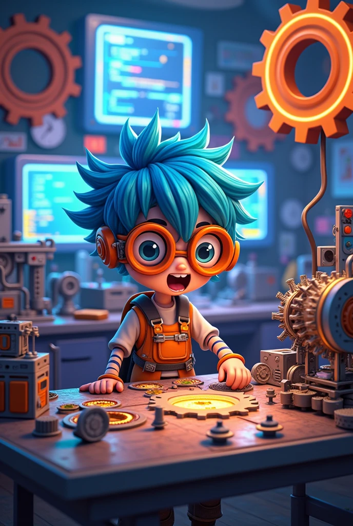 Images of mechanics and computing, interspersed with animated character