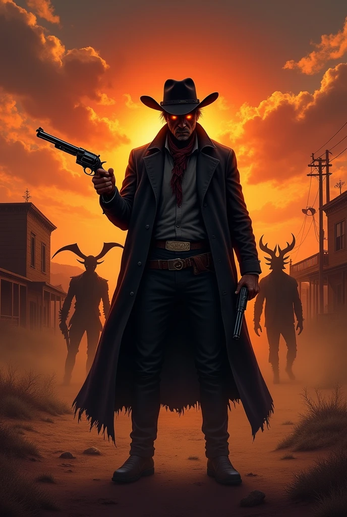 A cowboy with fiery eyes, is located in a western town, he wears a black coat and has revolvers in his hands, In the background you can see demons that look like shadows