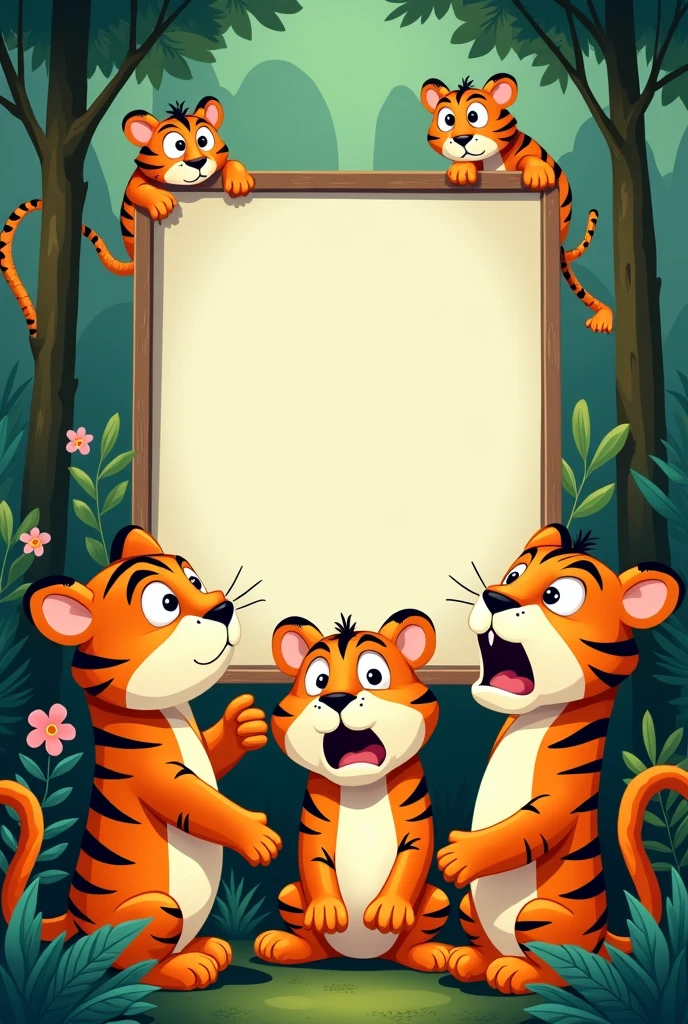 Create a poster announcing an exam and there is a group of Tigers looking at the notice with surprised and worried faces.