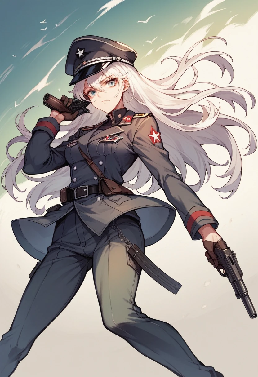 beautiful girl　Shipgirl　Black military uniform　Aim the main gun of the battleship　Fleet Collection　Japanese anime style