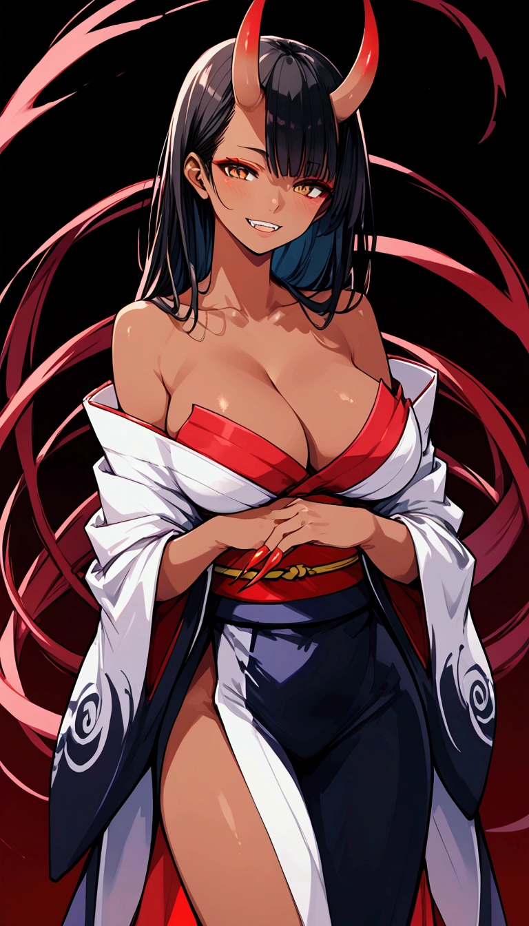 1girl, solo, oni girl, japanese kimono, large breasts, Black oiran's kimono, bare shoulders, Cleavage, Demon Horns, Long, sharp claws, tooth, dark skin, 