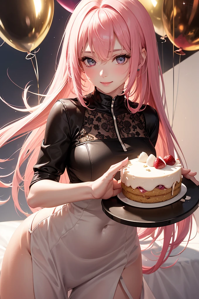 Best Quality,High resolution,8k,(plain white background, no patterns, no textures, just a plain white background:1.3),Masterpiece:1.2),beautiful girl,(Shiny pink hair),messy hair,Beautiful pink eyes,From the viewer's perspective, a seductive woman leans in close, (holding a fork with a piece of cake just inches from your lips:1.3), her eyes locked on yours with a playful yet intense gaze. She’s dressed in a sleek, form-fitting outfit that accentuates her curves, and the warm atmosphere of the room, filled with balloons and streamers, enhances the celebratory mood,Gentle look,A refreshing look,smile,Best quality,Best Quality,Aesthetic and aesthetic:1.2,Best details((Super detailed))(High-definition CG illustrations),Slender body,smile,blush,Mature look,cute,Scrounge,Looking up,Being spoiled,super model