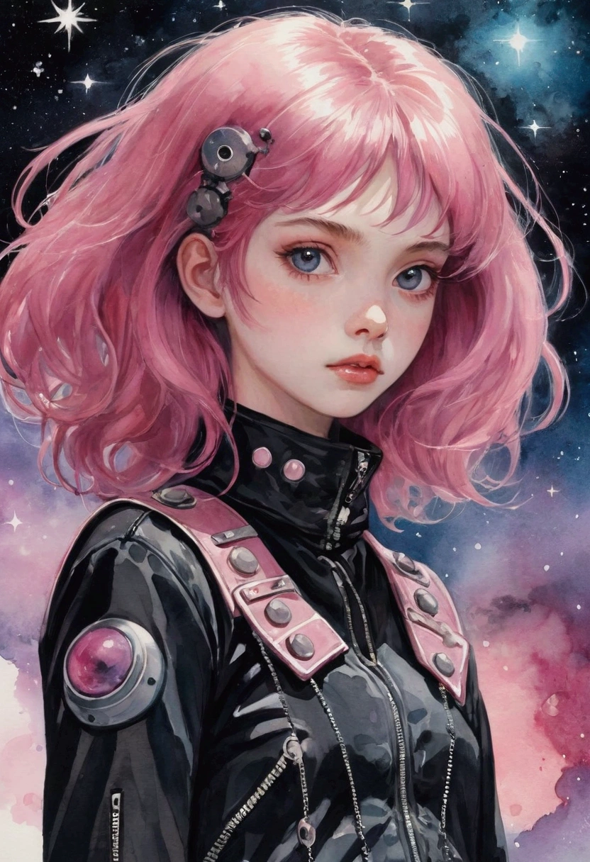 (masterpiece),(best quality:1.1),Best Illustration,Fine details,(Watercolor)floating,1 Girl,Solitary,,Slim,Beautiful face,beautiful eyes,Pink Hair,(Messy hair),(Wearing a heavy metal punk style outfit ),weak,Official Art, Matte tinting, 1970s, psychic, nebula,(Stars), Meteor Showers,