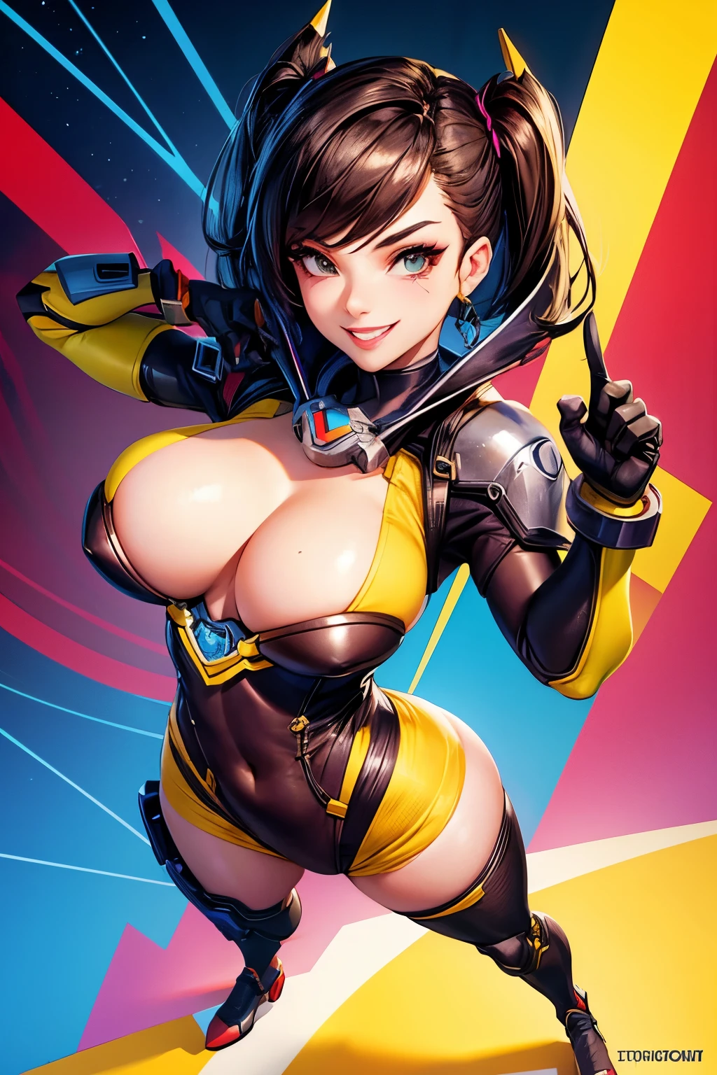 sexy woman, hero, tiny tits, body implants, dynamic pose, smiling, aesthetic, bright color, masterpiece, full body image, toon person, overwatch style