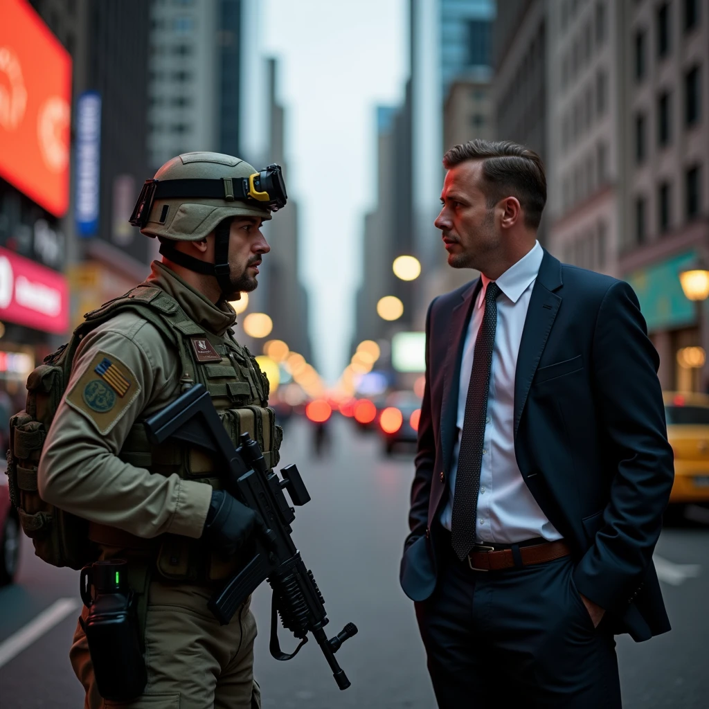 A SOLDIER A BUSINESSMAN AN ADULT TWO MEN IN SUITS



