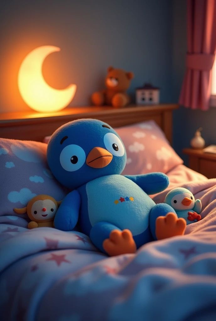 Pablito from Bacyordigans blue penguin in pajamas sleeping