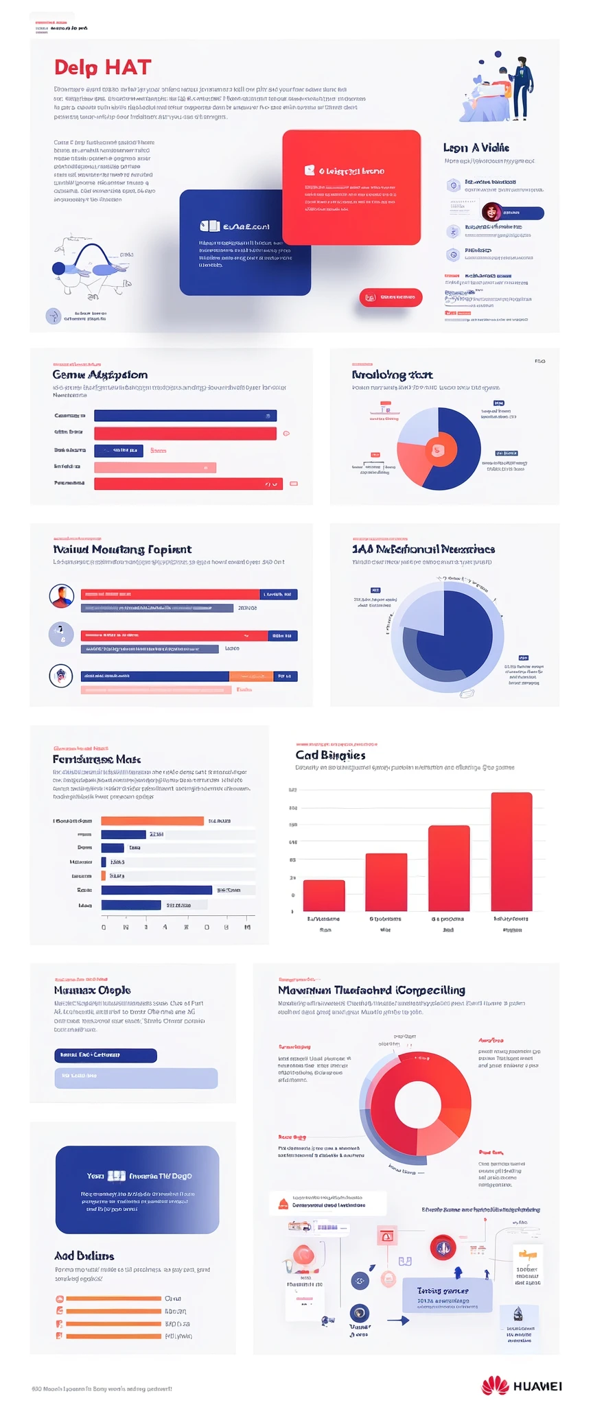 Help me generate an AI game art application analysis，Similar to long PDF，Portfolio format，Don&#39;t need too many colors，Be formal，The combination of Huawei&#39;s red and technological blue，White background，Need to include typographic elements，Design elements, etc.，Novel board style，Reference dribbble，Behance and other creative websites。