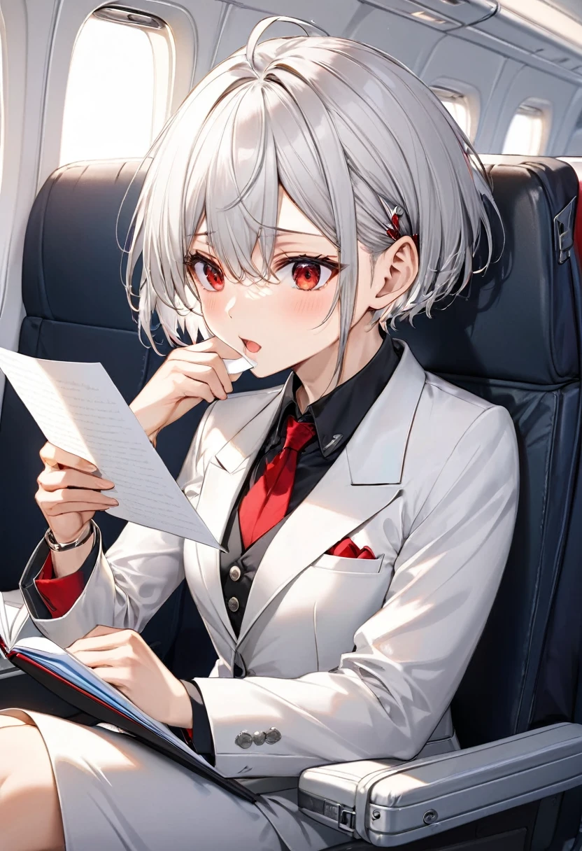 (profile, Reading a letter style), (hand holding a latter), (solo:2, 16 yo) (beautiful detailed crew cut silver hair very short hair) (best cool divine boy) (cool beautiful red eyes) (Surprised face, Complaints mouth), in a butler suit, break, in the Airplane business class seats, sit down on seats, BREAK, perfect anatomy, masterpiece, best quality, 16k, beautiful detailed grow, daydreaming expression.