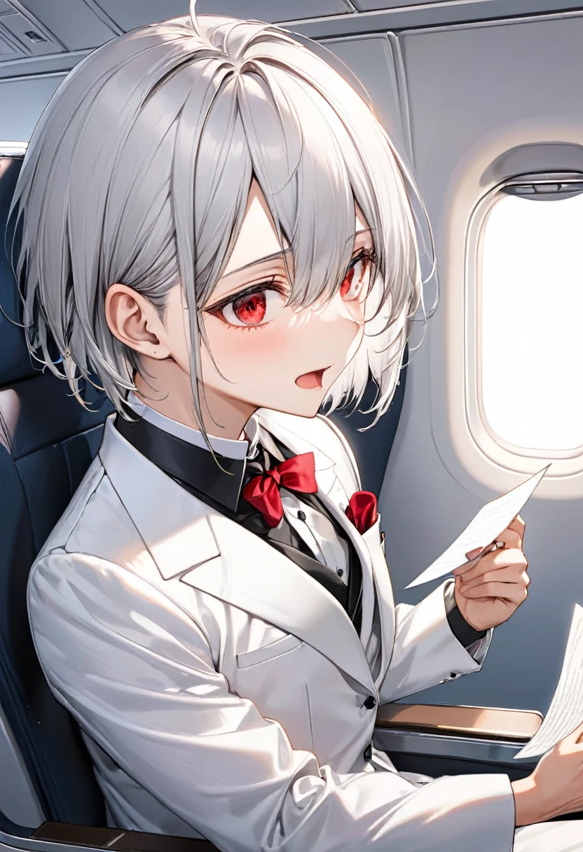 (profile, Reading a letter style), (hand holding a latter), (solo:2, 16 yo) (beautiful detailed crew cut silver hair very short hair) (best cool divine boy) (cool beautiful red eyes) (Surprised face, Complaints mouth), in a butler suit, break, in the Airplane business class seats, sit down on seats, BREAK, perfect anatomy, masterpiece, best quality, 16k, beautiful detailed grow, daydreaming expression.