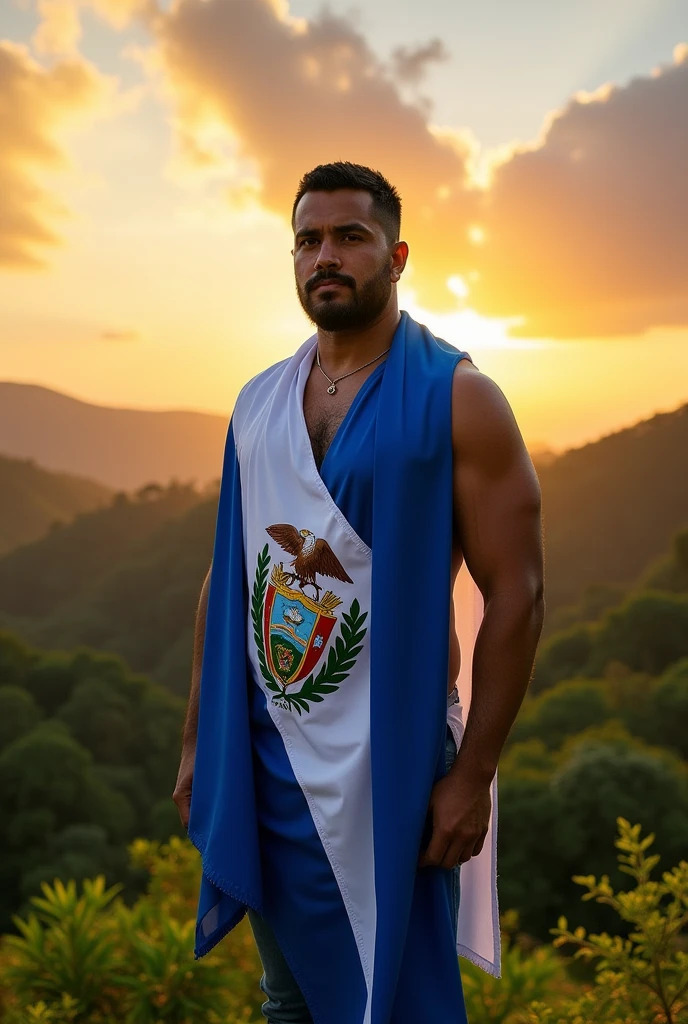 Man with his waist covered with the flag of El Salvador.