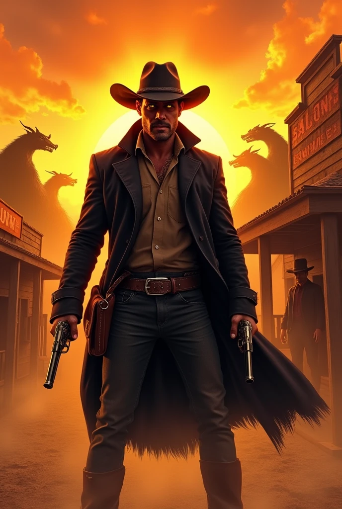 A cowboy with fiery eyes, is located in a western town, he wears a black coat and has revolvers in his hands, In the background you can see demons that look like shadows