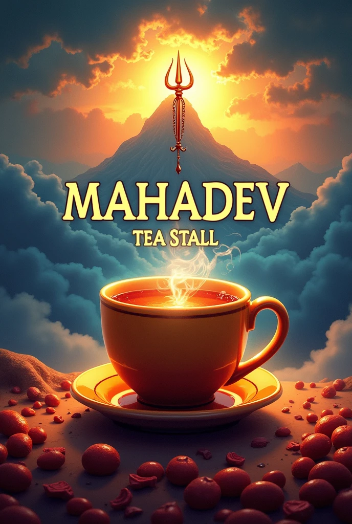 Design a vibrant and eye-catching banner for 'Mahadev Tea Stall'. Feature a large, inviting image of a steaming cup of tea to emphasize the type a Mahadev tea stall using warmth and comfort. Incorporate elements related to Lord Shiva, such as a trident (trishul) or a depiction of the sacred mountain, to highlight the spiritual theme. Use bold, traditional fonts for the text, and choose a color palette with rich, earthy tones like deep blues, oranges, and browns to create an engaging and appealing visual. Include the stall's name prominently, along with any special offers or taglines, in a way that stands out against the background.