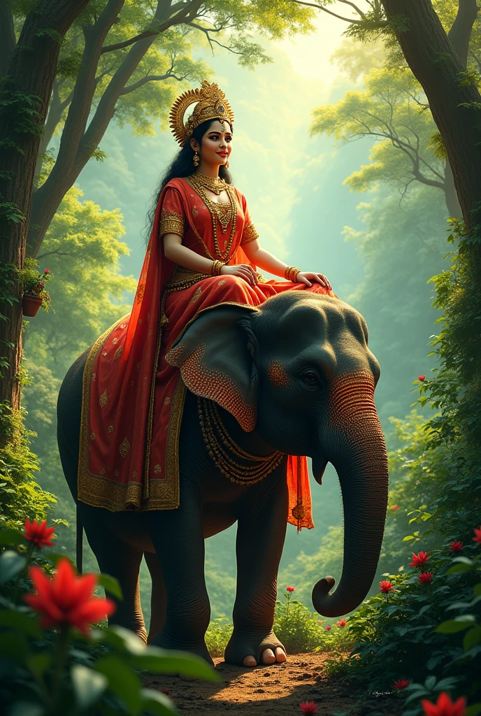 Photo of maa Lakshmi sitting on right sided elephant in jungle