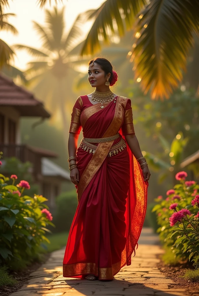 Indian chubby curvy female aged 30 Wearing bharathanatyam dance costume in outdoor kerala traditional home