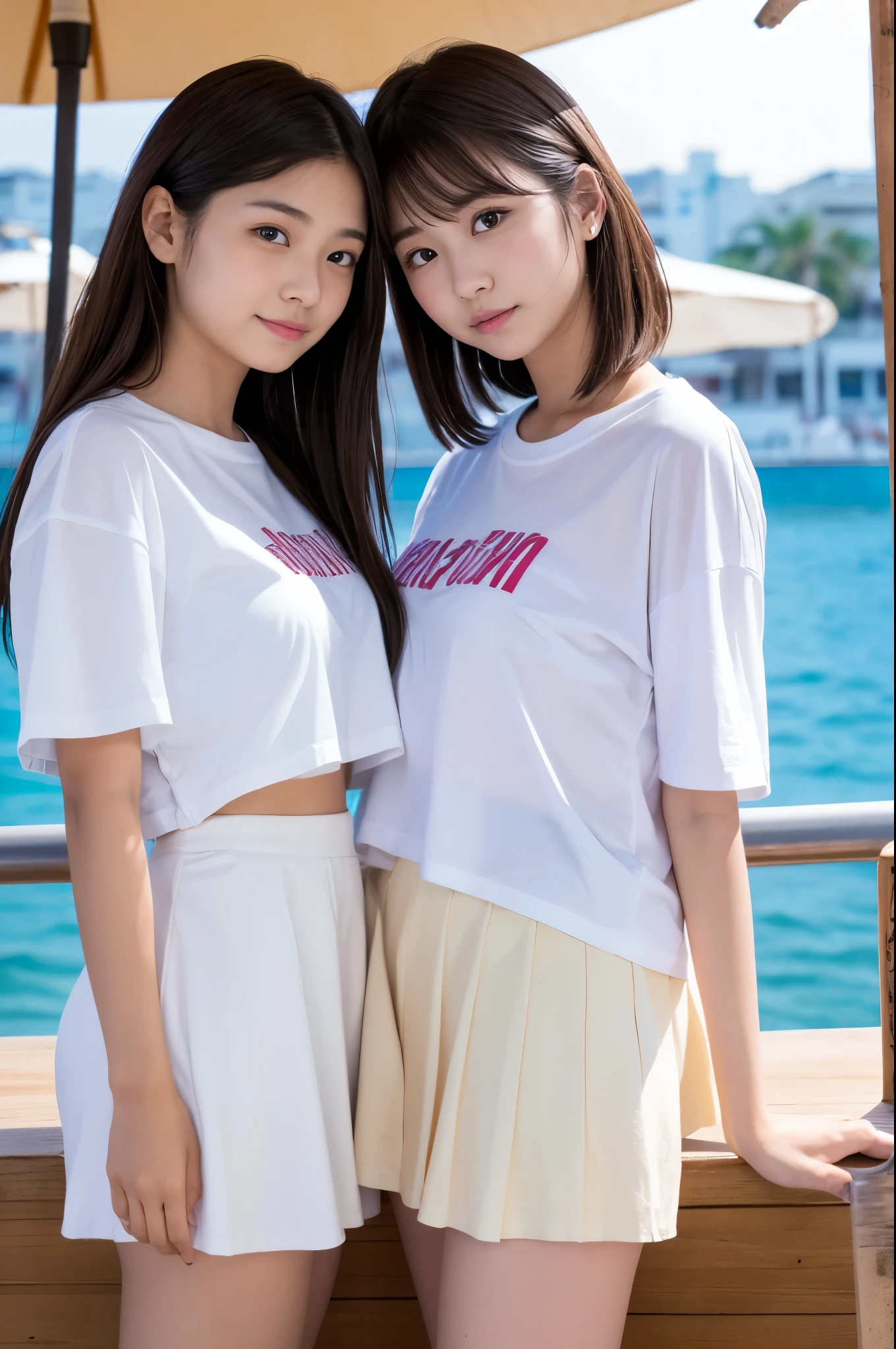 Two girls (21 years old, Japanese cute face) are wearing white Tshirts, mini skirt at the beach bar