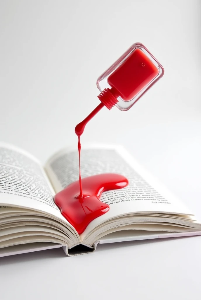 on a white background, Make a simple and minimalist drawing of a bottle of red nail polish spilling over a page of a book 