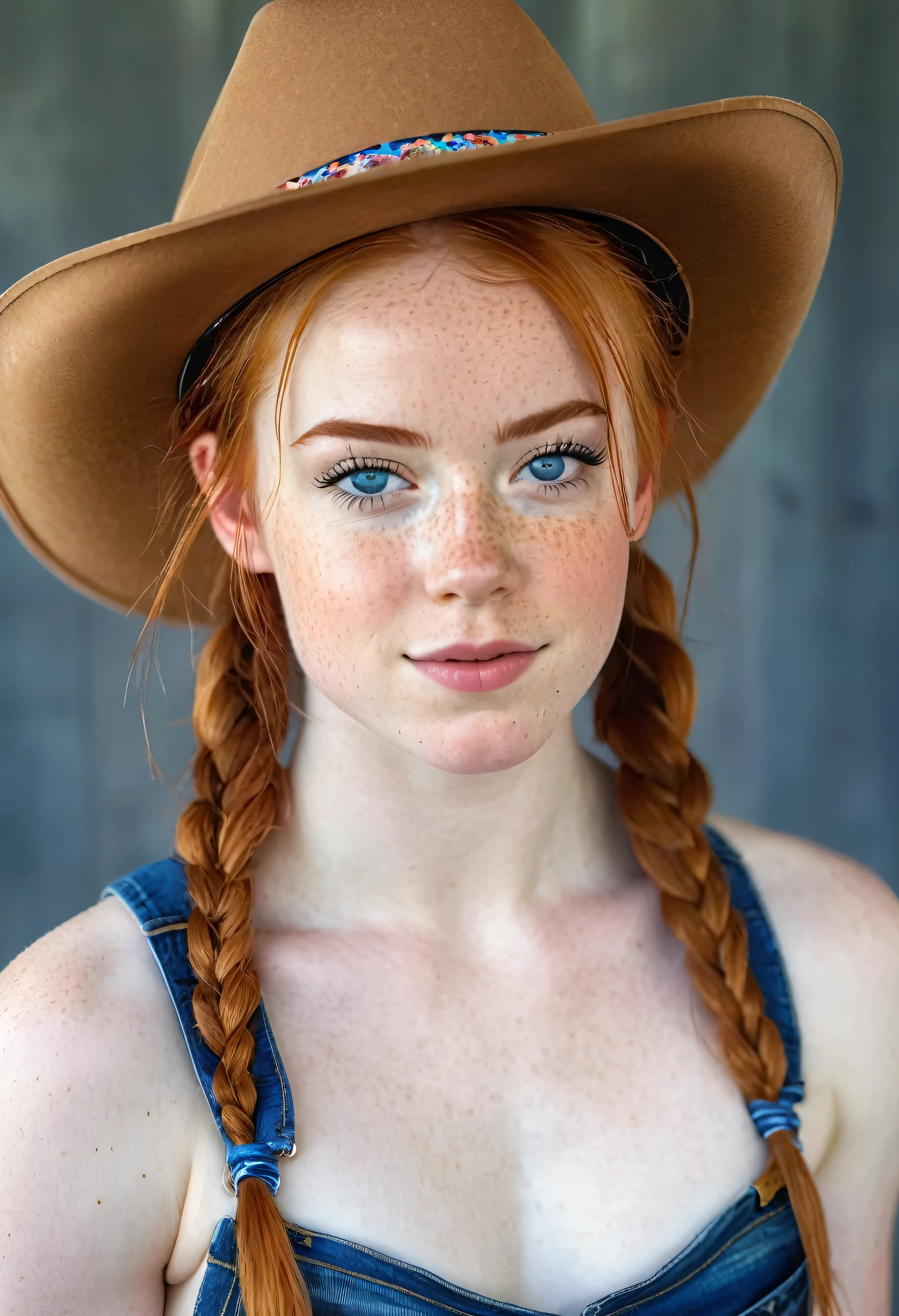 photo of a nude 19 year old freckled redhead woman with pale skin and defined muscles, showcasing six-pack abs, with striking blue eyes and blushing cheeks, her hair styled in playful pigtails, wearing a cowboy hat, in a sensual pose, conveying confidence and allure