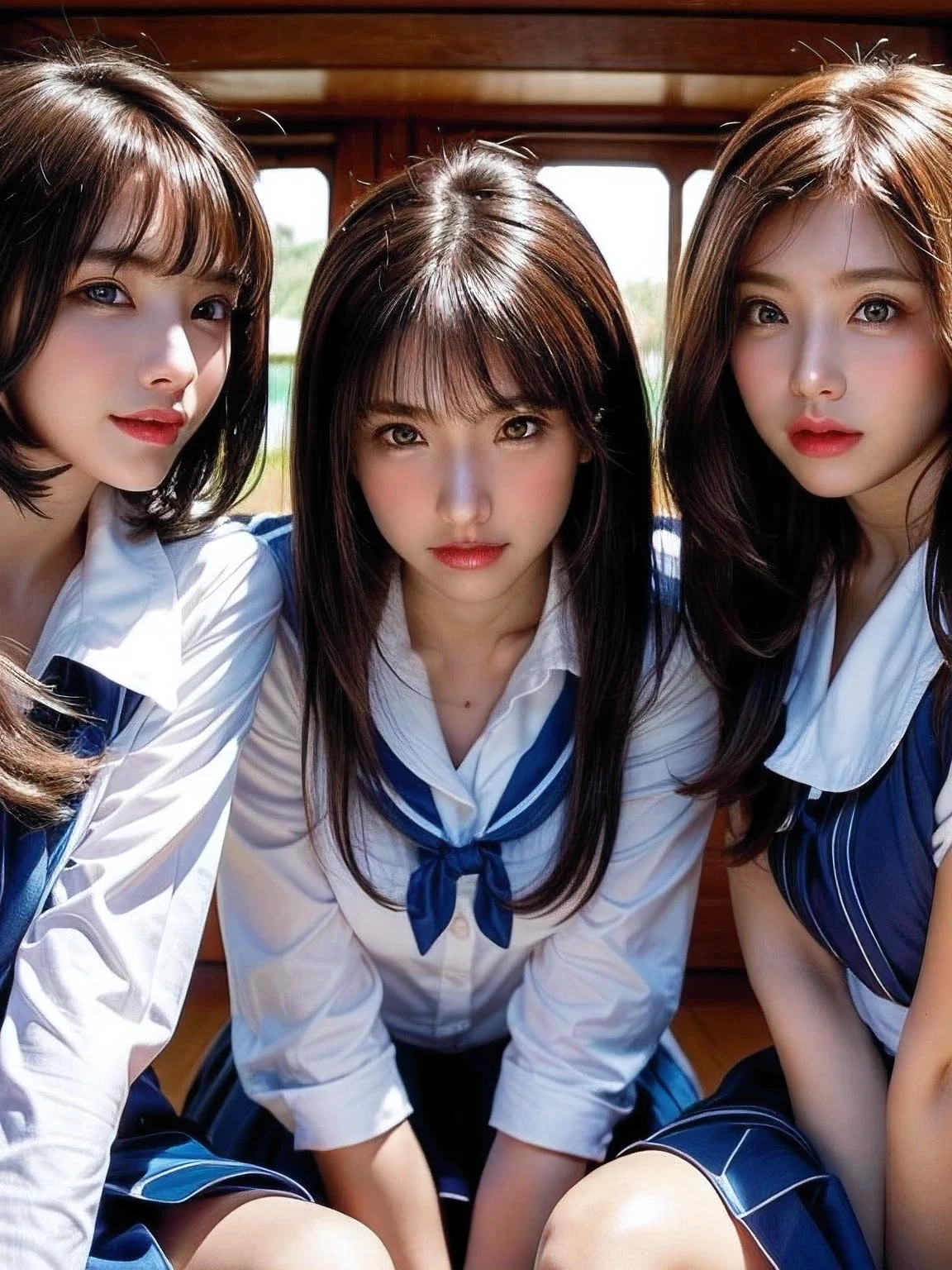 ((masterpiece, highest quality)), (Super detailed), ((super cute)), (Multi-point), ((very detailed)), 4k, highest quality, (beautiful), hyper cute face, Perfect Face, hyper genuineistic, Close-up, clear outline, (three girls, 3 cute girls:1.5), (summer school girl uniform :1.3), ((beautiful eyes)), (leaning forward:1.3), (upskirt:1.3), natural skin texture, big breasts, All Fine Girls, Wow Girls, romantic ambiance, Highly detailed CG, look shyly at the viewer,