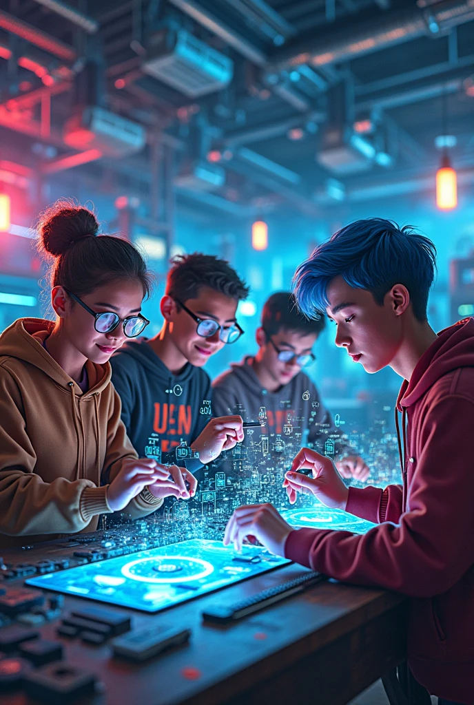 Images of mechanics and computing, interspersed with young characters