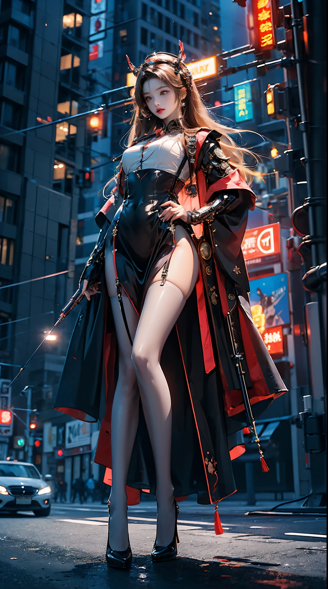 Masterpiece, best quality, high resolution, one woman, from below, very thin and straight legs, very long legs, straight legs, high heels, long legs, perfect body with perfect legs, front view showing long legs, perfect body, exterior, telegraph slang, dynamic pose, exquisite eyes, brown eyes, eye shadow, wearing makeup, long blonde hair, detailed face, detailed eyes, looking at viewer, blusher (wearing makeup), plump lips, red lips, long gray hair (1.3), mechanically static, summon mech, headdress (1.1), headgear, dressed like a student in , black lace stockings, stocking suspenders, city, luminous winding, with a gun in hand, weapon, completely mechanical and futuristic elements, technology, background is modern New York City streets with cars passing by, sky, slim (1.2), dramatic lighting, vivid details.