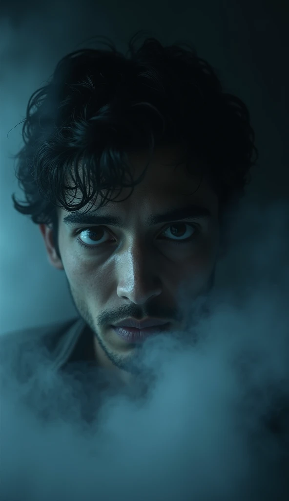 Akash Feeling a Breath on His Neck
A close-up of Akash’s face with wide eyes, showing his intense fear. You can depict a cold, ghostly breath or mist near his neck, just barely visible. His surroundings are dark, adding to the sense of isolation and fear.