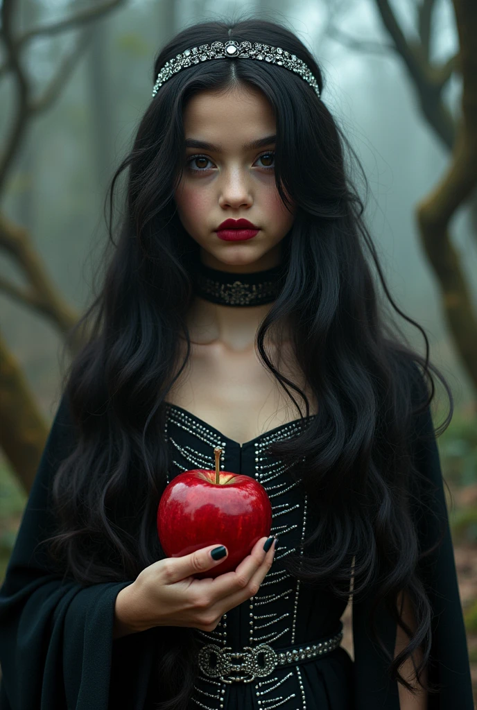 girl,Black long hair,Queen,Accessories,Apple in hand,Poison apples,女巫Queen,Red lipstick,close up