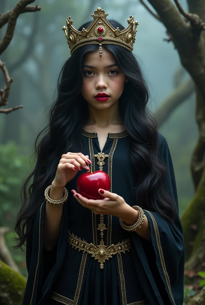 girl,Black long hair，Queen，Accessories，Apple in hand，Poison apples，女巫Queen，Red lipstick,close up