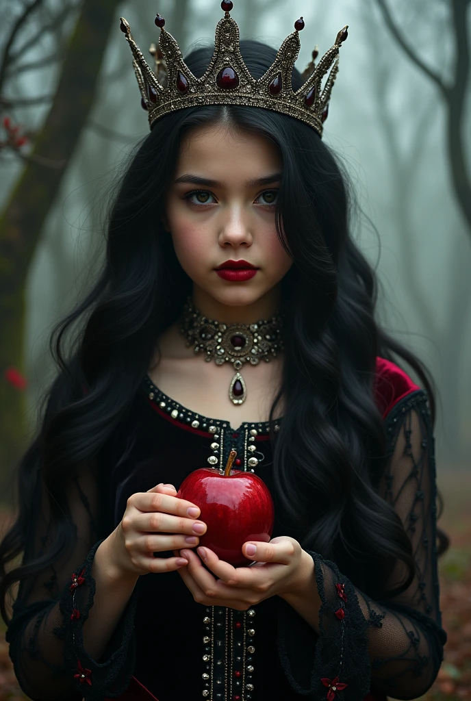 girl,Black long hair,Queen,Accessories,Apple in hand,Poison apples,女巫Queen,Red lipstick,close up
