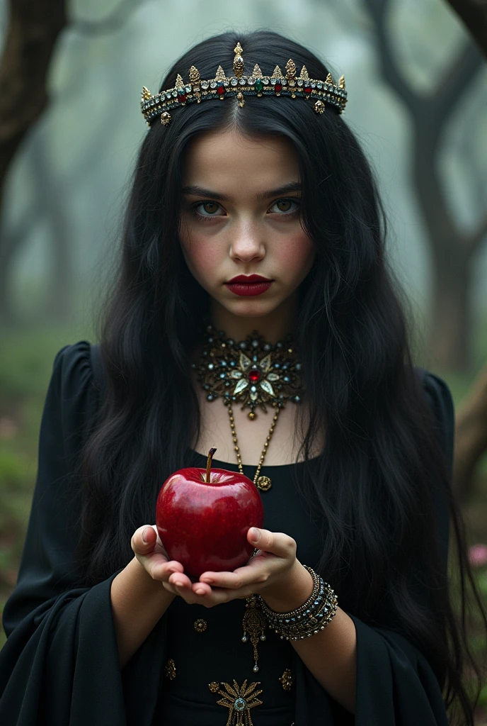 girl,Black long hair，Queen，Accessories，Apple in hand，Poison apples，女巫Queen，Red lipstick,close up
