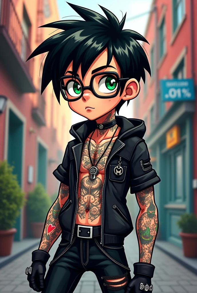 a emo boy cartoon character, punk outfit, black, very muscular, 14 year old, ben 10 cartoon,kevin hair style, Highres, Masterpiece, Best quality at best,Best Quality,hight quality, hight detailed, boy, 1boy, Green eye, black hair, short body, Emo uniform , Coolarbone, upper body, Choker, Seen from the front, (Armpit), uhd, wear glasses