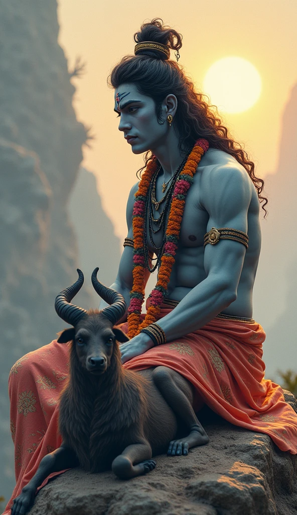 Prompt : An impressionistic Indian shiva with blessing hand curly hair, on a rock with open eyes wear traditional dress flower mala sit on the stone real nandi full view hd. writing word on the card center in golden colour full view A4 size full hd.