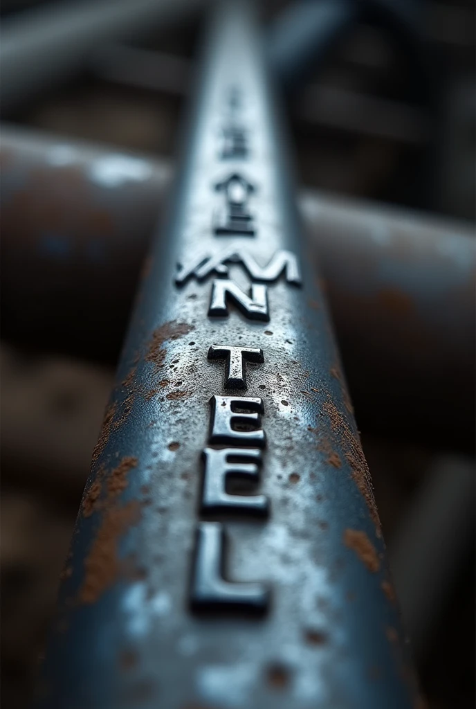 A high-resolution image of a steel rebar with ribs with the text "ALAM STEEL" embossed along its length in bold, industrial-style lettering. The rebar should be displayed with detailed textures and shading, showcasing its metallic sheen. Ensure the text "ALAM STEEL" is prominently visible and integrated seamlessly into the design of the rebar.
